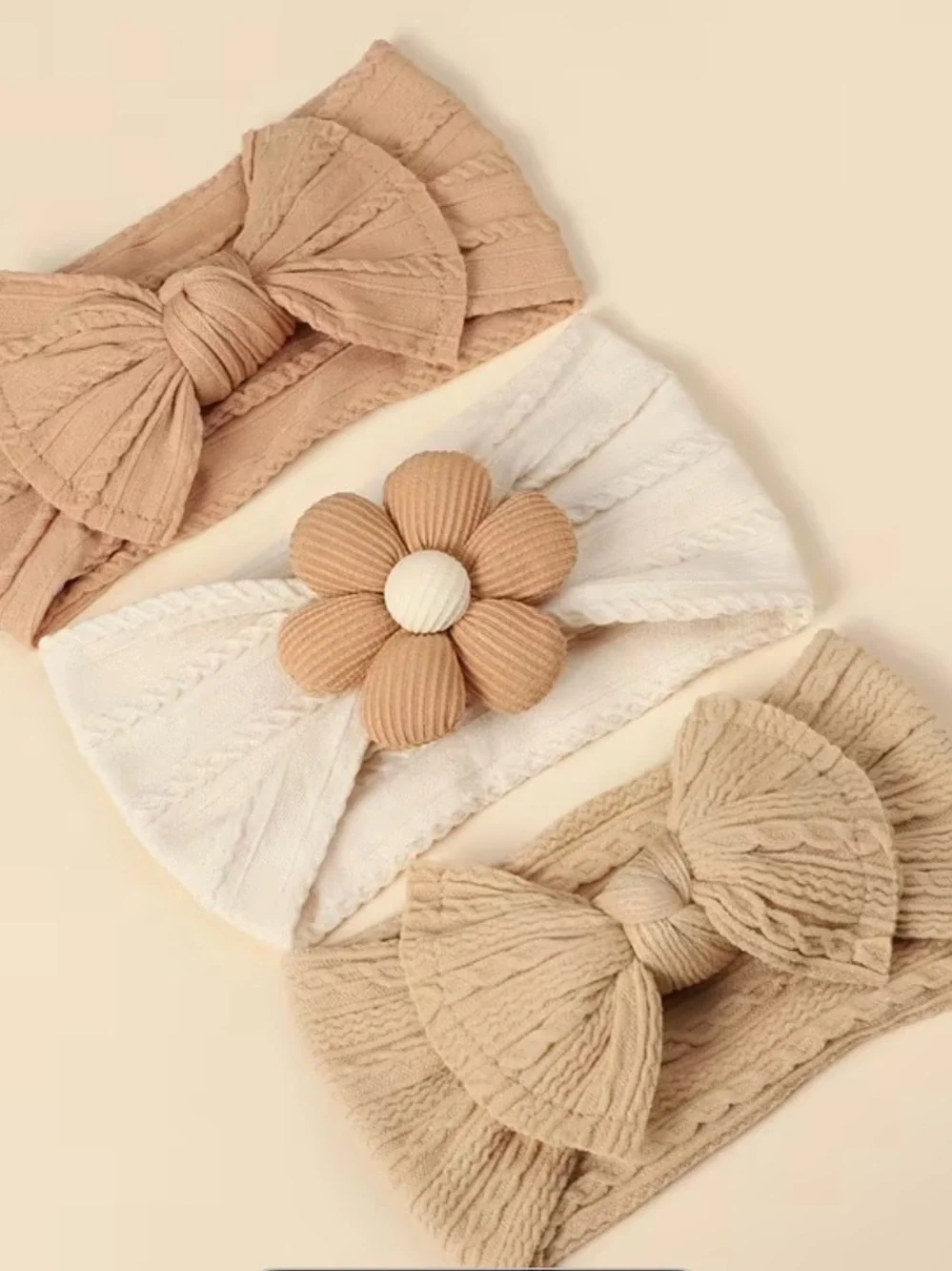 Neutral Ribbed Knit Headband Set with Flower Accent - Kids Accessories